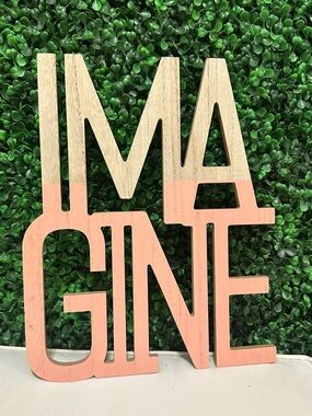 Wooden "IMAGINE" Cutout Sign - Natural & Coral Pink